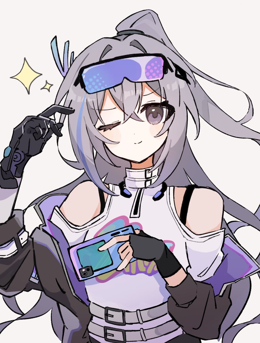 1girl, bare_shoulders, belt, black_gloves, commentary, eyewear_on_head, fingerless_gloves, gauntlets