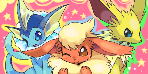 :3, :d, animal_focus, blue_eyes, blush, brown_eyes, choko_(sweetpocket), commentary_request, fins, fish_tail, flareon, fluffy, jolteon, light_blush, looking_at_viewer, no_humans, open_mouth, pokemon, pokemon_(creature), pokemon_focus, smile, star_(symbol), tail, vaporeon