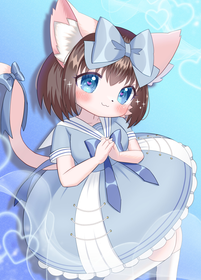 1girl, :3, absurdres, accurate_lolita_coord, animal_ear_fluff, animal_ears, blue_background, blue_bow