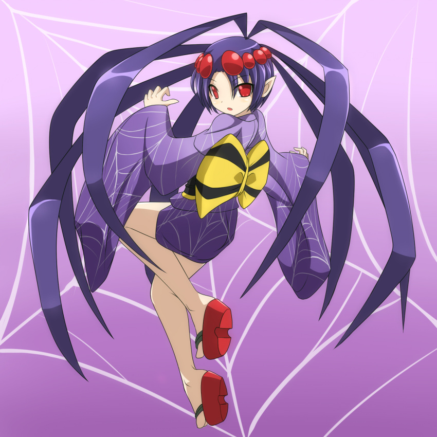 arachne, arane, bow, clam_curry, clog_sandals, highres, japanese_clothes, kimono, monster_girl, no_pupils, pointy_ears, purple_hair, queen's_blade, queen's_blade_spiral_chaos, red_eyes, sandals, short_hair, spider_girl