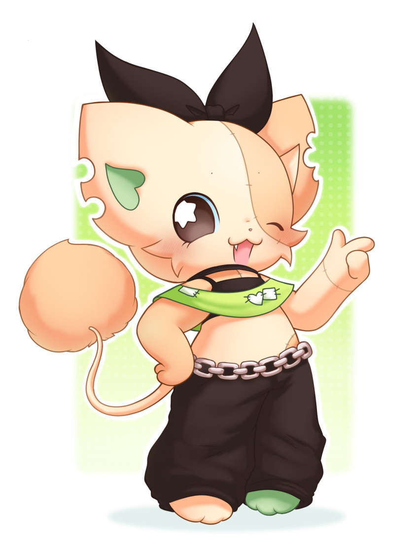 1girl, :3, alternate_costume, animal_ears, beatcats, black_pants, black_ribbon, black_tank_top
