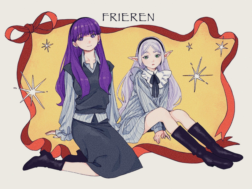 2girls, black_boots, black_hairband, blunt_bangs, boots, border, breasts, closed_mouth