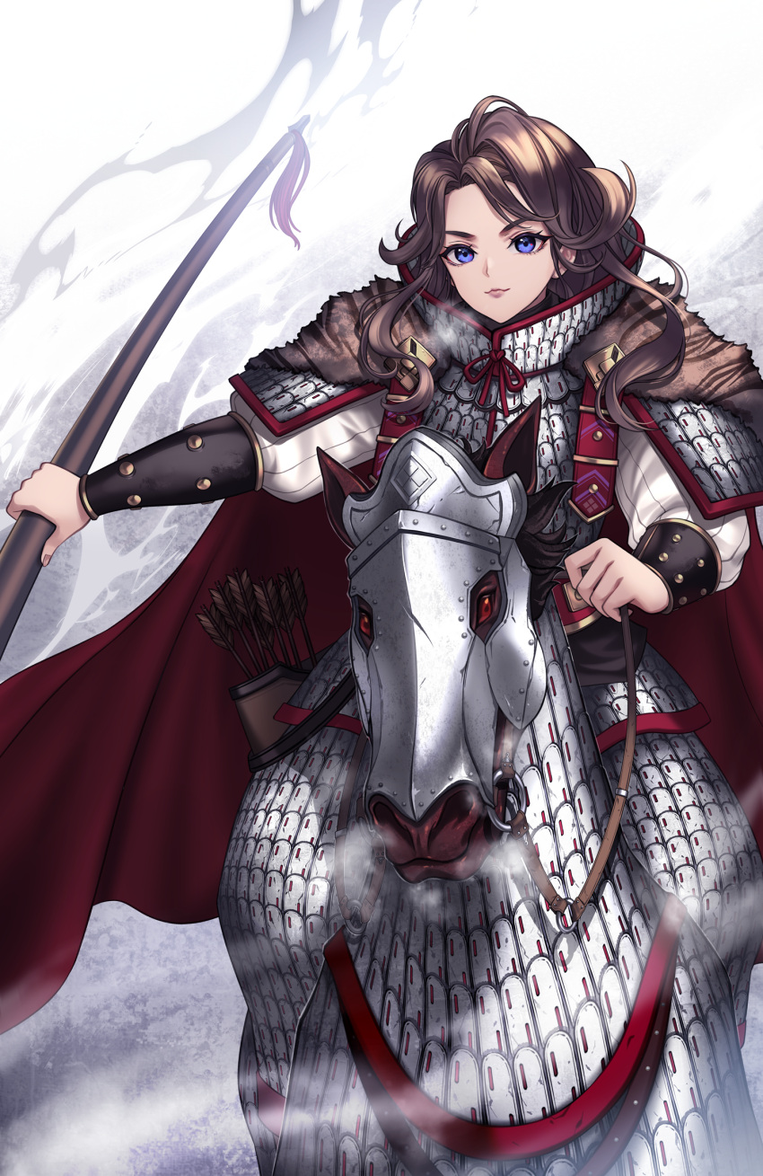 1girl, alternate_costume, arrow_(projectile), barding, blue_eyes, breath, brown_hair, cape