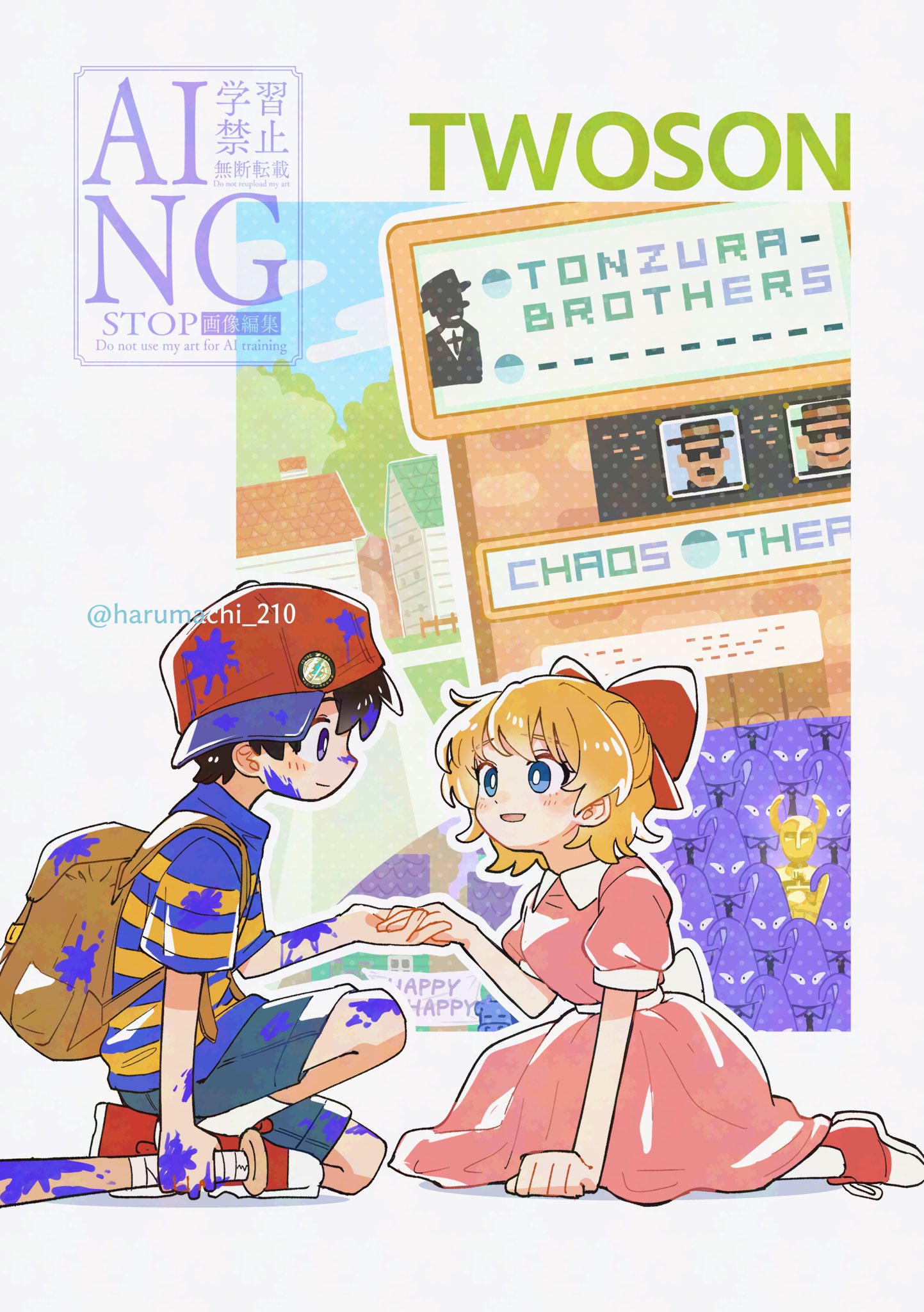 1boy, 1girl, baseball_bat, baseball_cap, black_eyes, black_hair, blonde_hair, blue_eyes