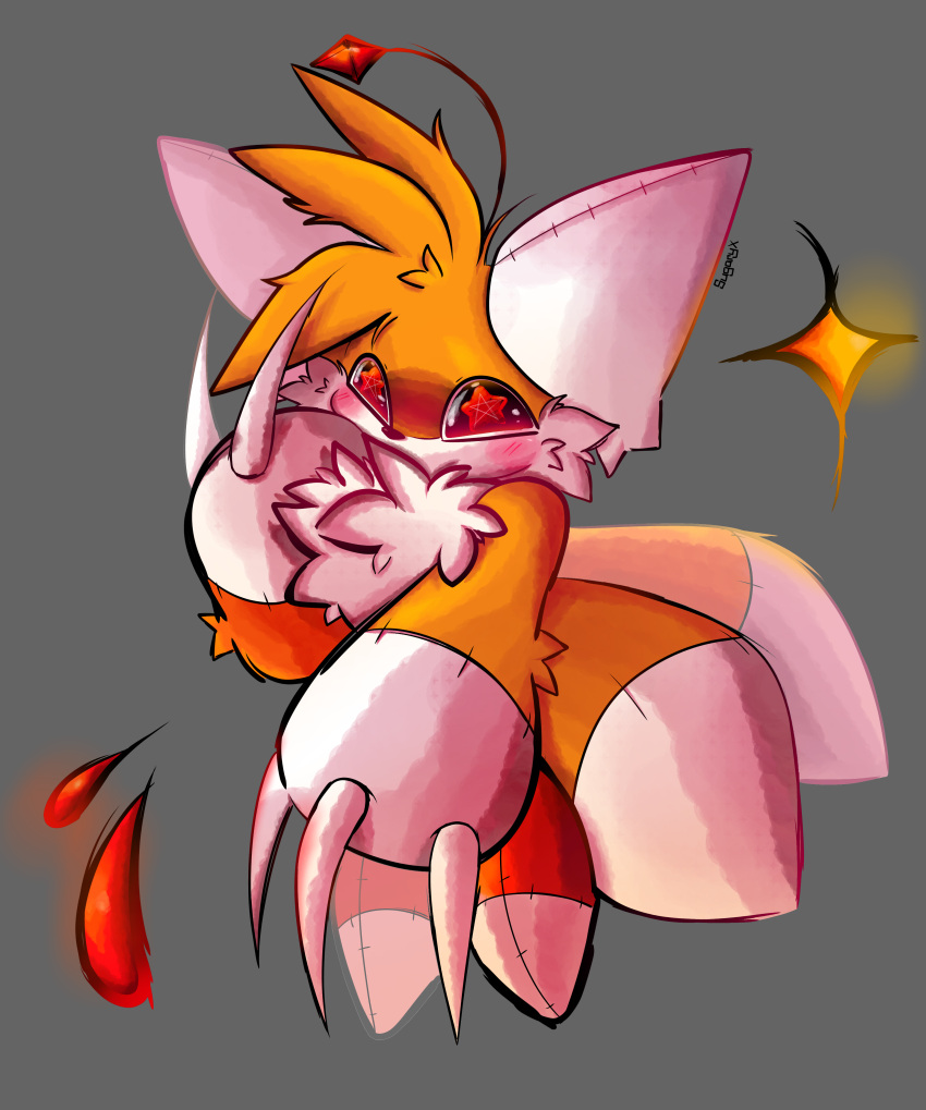 +_+, 2024, absurdres, blood, blood_drop, blush, chest_fur, claws, commentary, english_commentary, fox, highres, red_shoes, shoes, solo, sonic_(series), star_(symbol), stuffed_toy, tails_doll, vitrioo