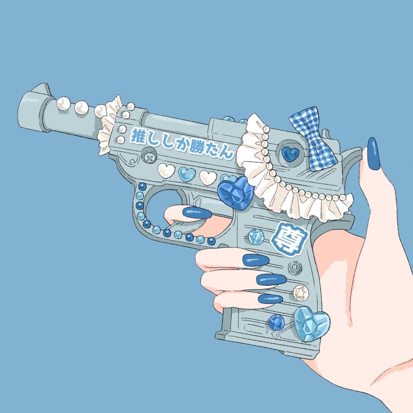 1girl, asuka_(a20_suka002018), blue_background, blue_nails, blue_theme, bow, commentary_request, cute_weapon