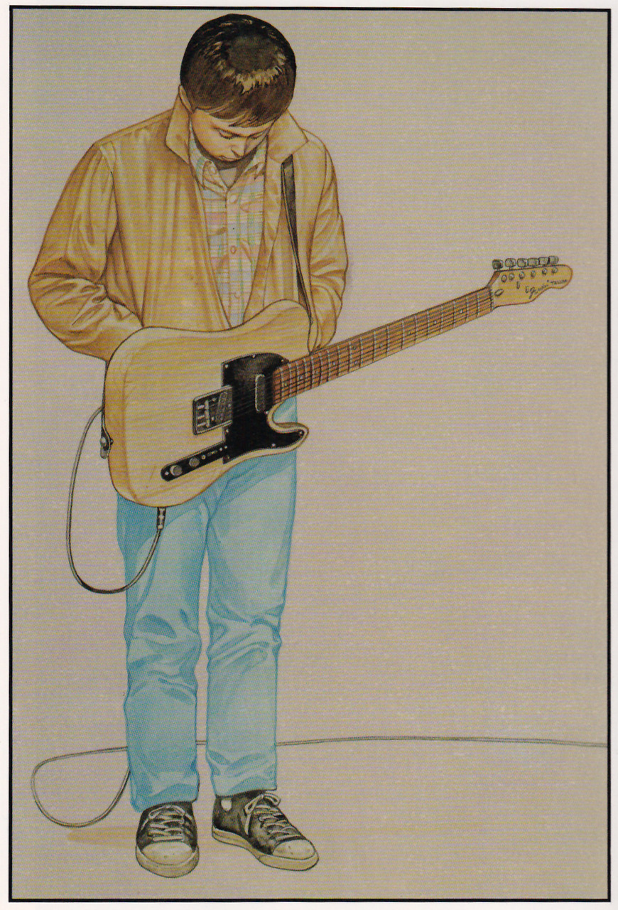 80s, advertisement, brown_hair, color, guitar, jacket, jeans, looking_down, male, otomo_katsuhiro, sketch, sneakers