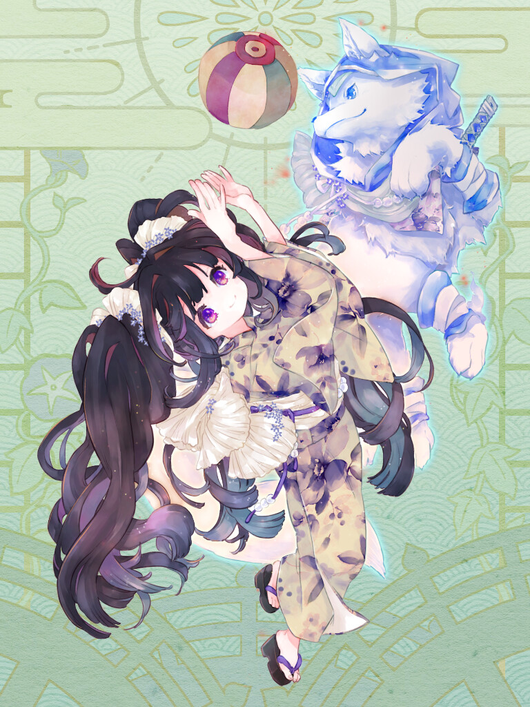 1girl, ahoge, ball, black_hair, dairoku_ryouhei, dog, floral_print, floral_print_kimono
