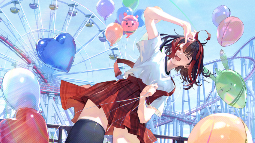 1girl, ahoge, balloon, black_hair, black_thighhighs, blue_sky, gx_aura, heart_balloon