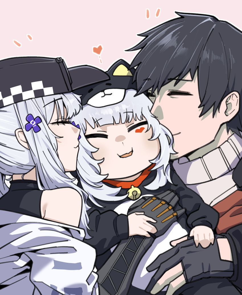 2girls, absurdres, bare_shoulders, baseball_cap, black_hat, blue_hair, blush, commentary