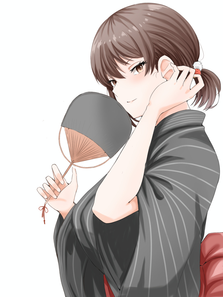 1girl, absurdres, alternate_hairstyle, black_kimono, brown_eyes, brown_hair, closed_mouth, commentary