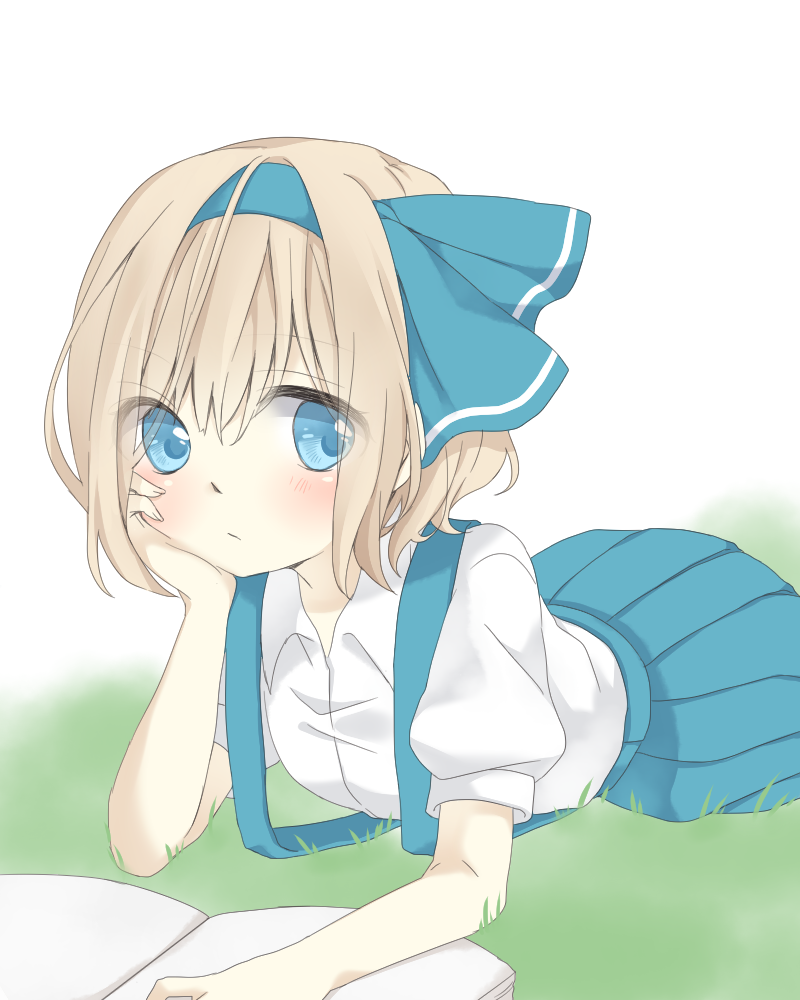 1girl, alice_margatroid, alice_margatroid_(pc-98), blonde_hair, blue_eyes, blue_hairband, blue_skirt, blush