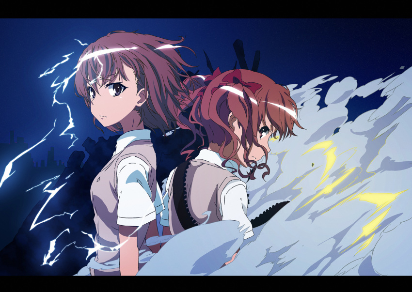 back-to-back, colored, electricity, esperanza_(wp), highres, letterboxed, misaka_mikoto, multiple_girls