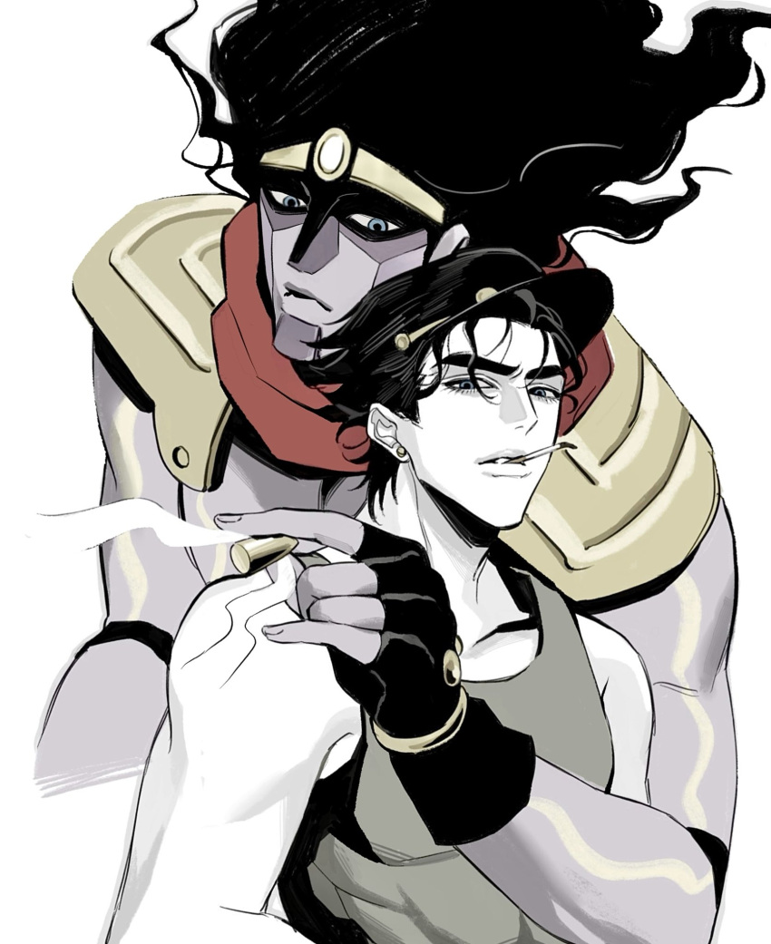 2boys, black_gloves, black_hair, black_hat, bullet, cigarette, collarbone, gloves