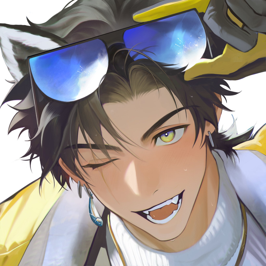 1boy, adjusting_eyewear, alesh_(arknights), animal_ears, arknights, arknights:_endfield, black_gloves, black_hair