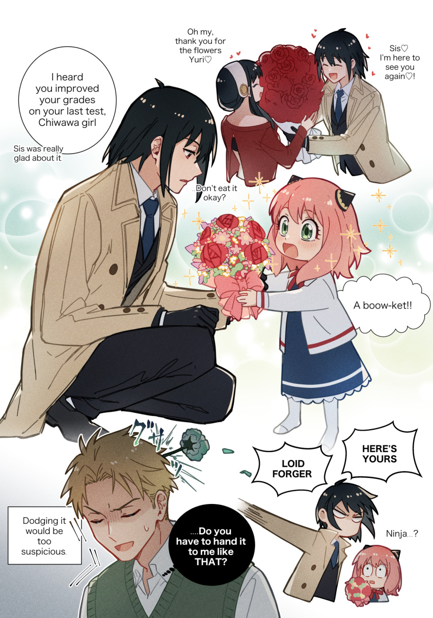 2boys, 2girls, anya_(spy_x_family), aqua_flower, black_hair, black_jacket, black_pants, black_shoes, black_suit, blonde_hair, blue_dress, bouquet, breasts, brother_and_sister, brown_coat, child, closed_eyes, coat, collared_shirt, commentary, cropped_torso, dress, english_commentary, english_text, falling_petals, flower, furrowed_brow, green_eyes, green_sweater_vest, hair_between_eyes, hairband, hairpods, hanakan, highres, holding, holding_bouquet, jacket, long_hair, medium_breasts, medium_hair, multiple_boys, multiple_girls, multiple_views, off-shoulder_dress, off_shoulder, open_mouth, pants, parted_bangs, petals, pink_hair, red_dress, red_eyes, red_flower, red_rose, rose, shirt, shoes, siblings, sidelocks, smile, socks, sparkle, spy_x_family, squatting, suit, suit_jacket, sweatdrop, sweater_vest, twilight_(spy_x_family), updo, upper_body, white_hairband, white_jacket, white_shirt, white_socks, yor_briar, yuri_briar