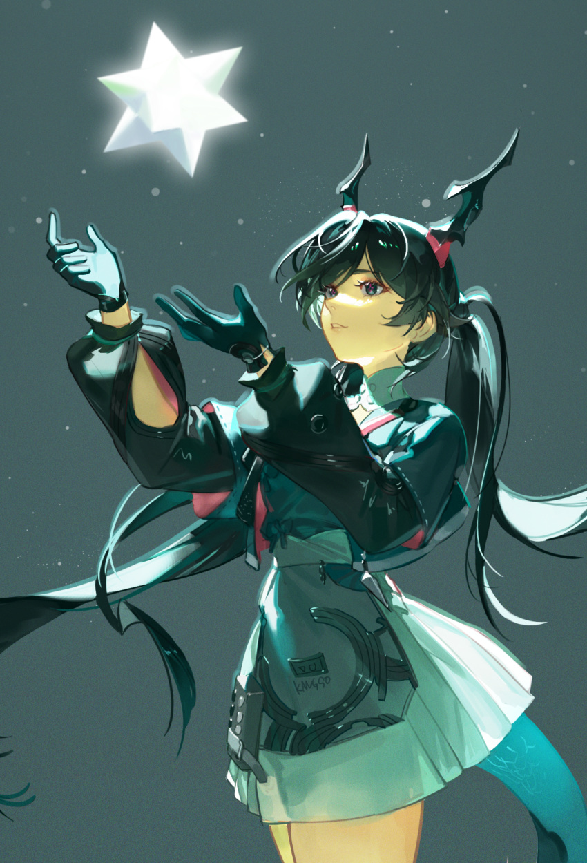 1girl, arknights, arknights:_endfield, black_gloves, black_hair, chen_qianyu_(arknights), commentary_request, dragon_girl