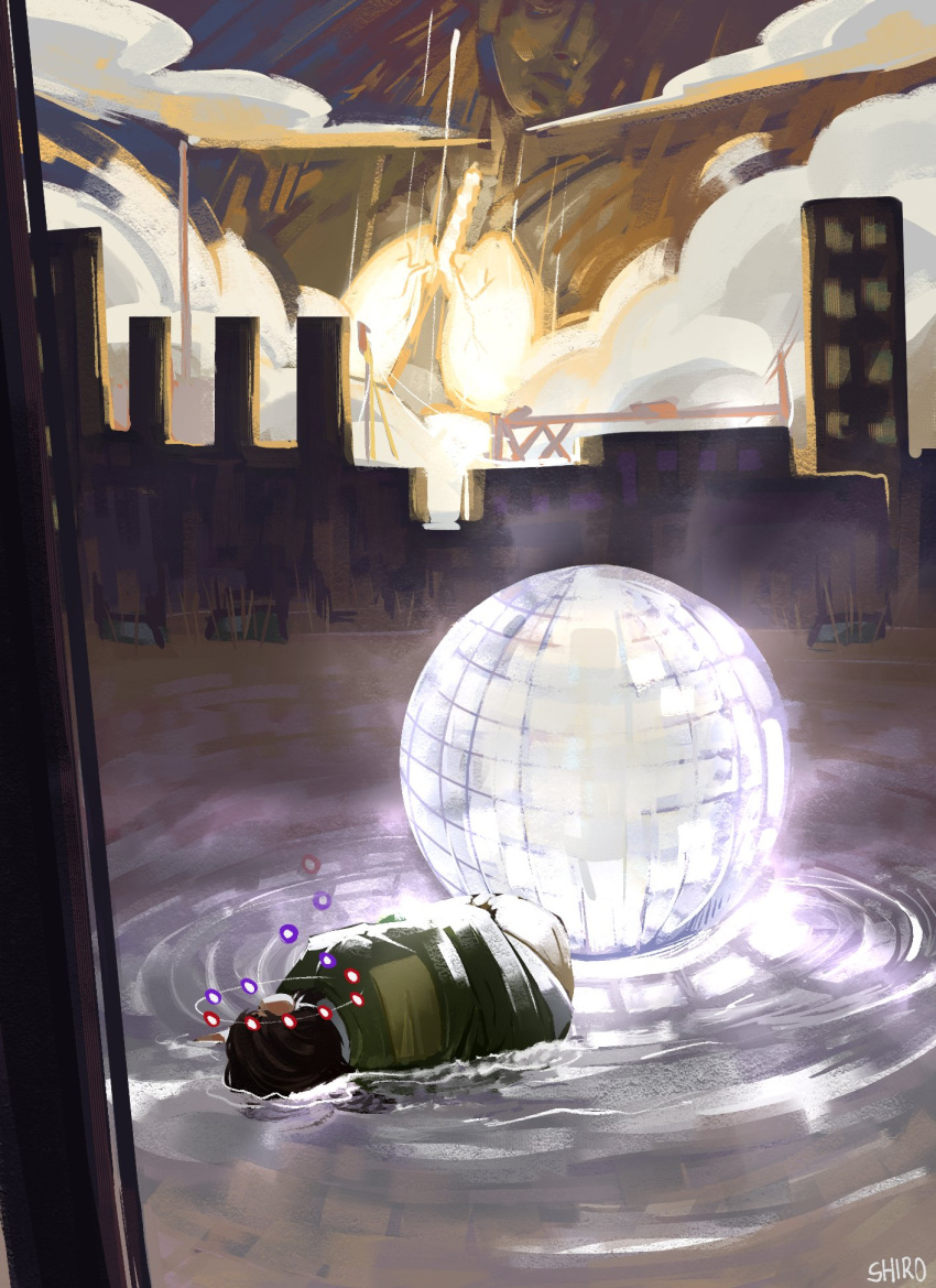 1boy, blazer, brown_hair, commentary, curled_up, disco_ball, disco_elysium, english_commentary