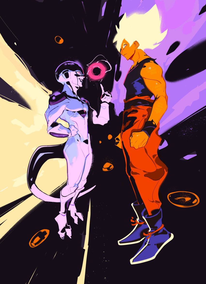 2boys, blonde_hair, blue_boots, blue_tank_top, boots, clenched_hands, colored_skin, dragon_ball
