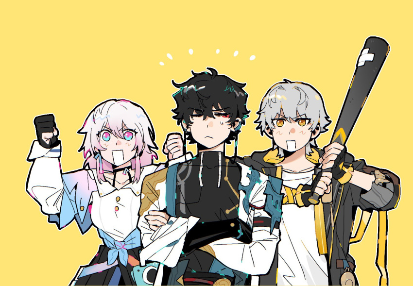 1girl, 2boys, arm_ribbon, armor, arms_up, baseball_bat, belt, black_belt