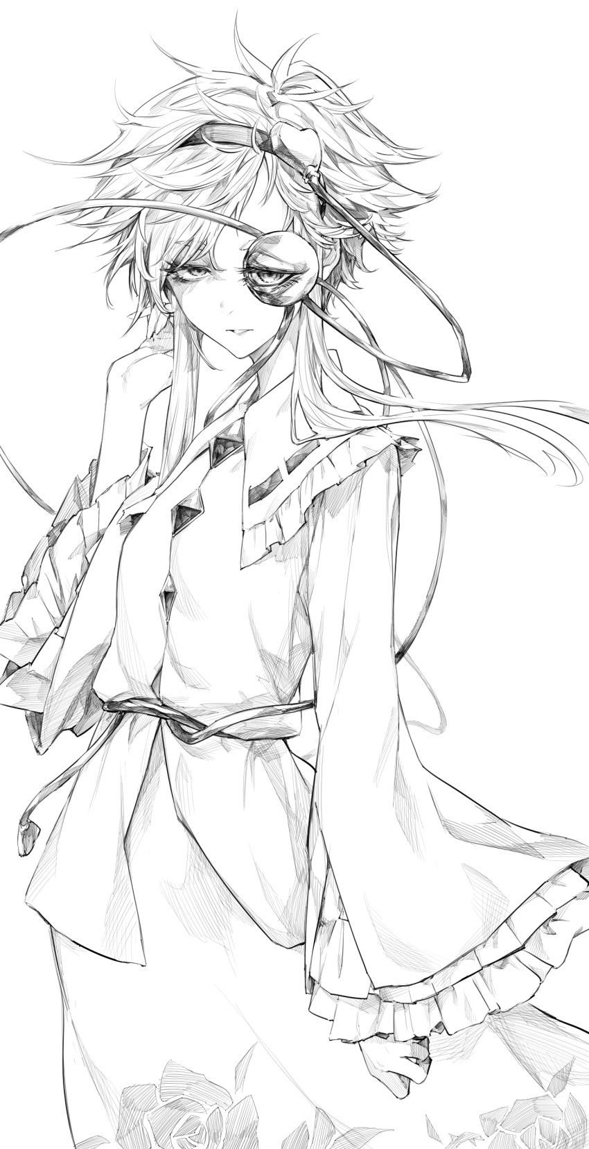 1girl, absurdres, blouse, commentary_request, floral_print, frilled_sleeves, frills, greyscale