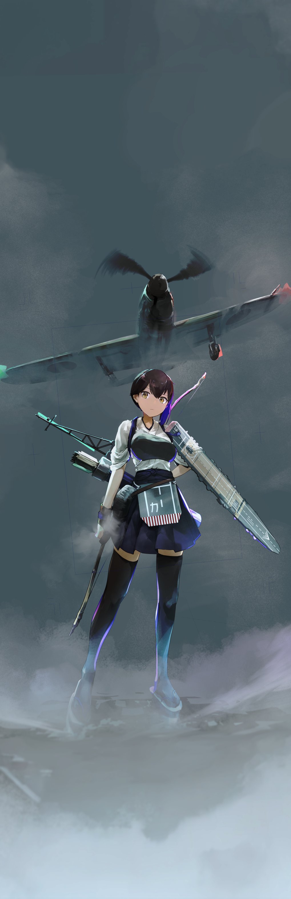 1girl, absurdres, aircraft, airplane, blue_hakama, bow_(weapon), brown_eyes, brown_hair
