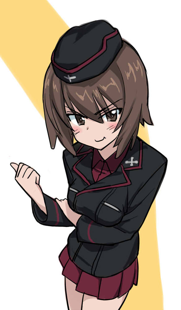 1girl, black_jacket, brown_eyes, brown_hair, commentary_request, cross, eyes_visible_through_hair, garrison_cap