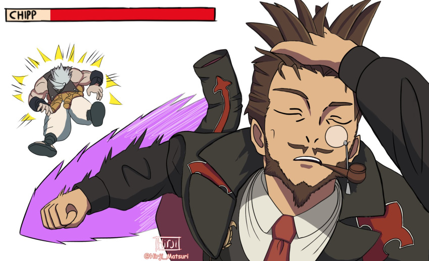 baggy_pants, black_jacket, black_suit, black_vest, brown_hair, chipp_zanuff, closed_eyes, coat