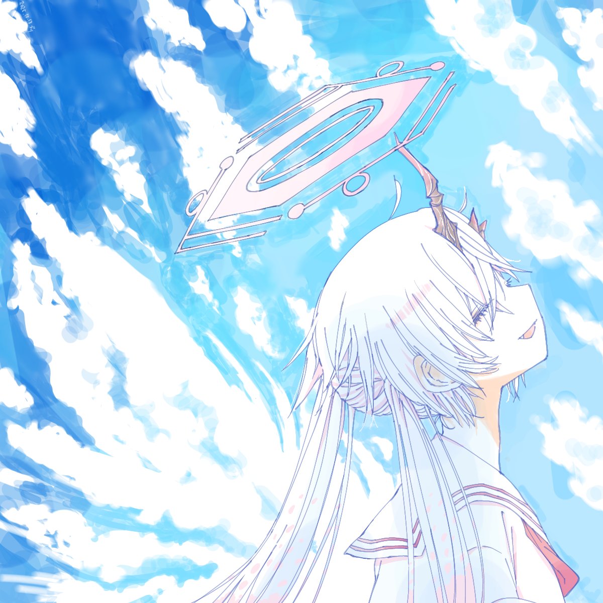 1girl, 909_(reverseblue), asymmetrical_horns, black_horns, blue_sky, closed_eyes, clouds, commentary_request, dress, fang, from_side, gradient_horns, halo, highres, horns, long_hair, multicolored_horns, neckerchief, open_mouth, red_halo, red_horns, red_neckerchief, reverseblue_x_re-birthend, sailor_collar, sky, sumutokoro71714, twintails, very_long_hair, white_dress, white_hair, white_sailor_collar