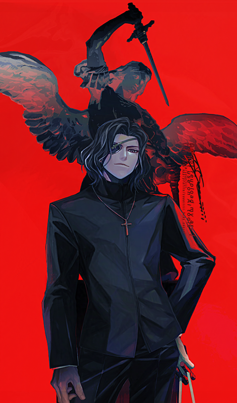 1boy, angel_statue, arm_up, closed_mouth, collared_jacket, commentary_request, contrapposto, cross