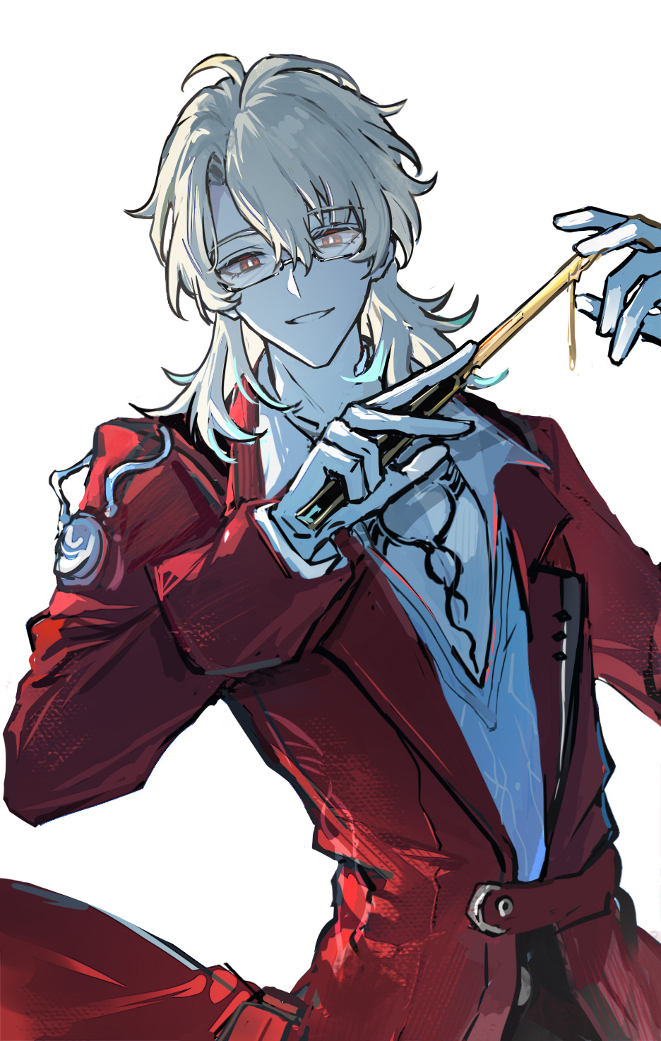 1boy, akiko54124, black_pants, blonde_hair, coat, collared_shirt, commentary, cowboy_shot