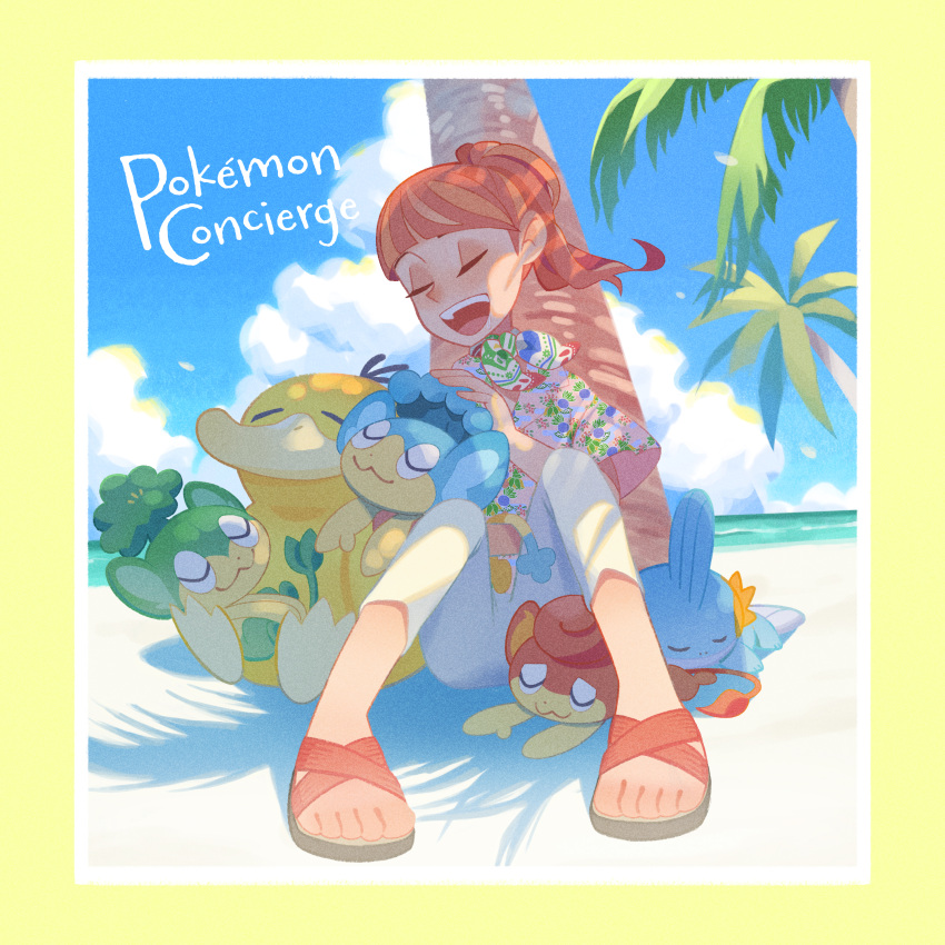 1girl, :3, absurdres, against_tree, blue_sky, border, brown_sandals, closed_eyes