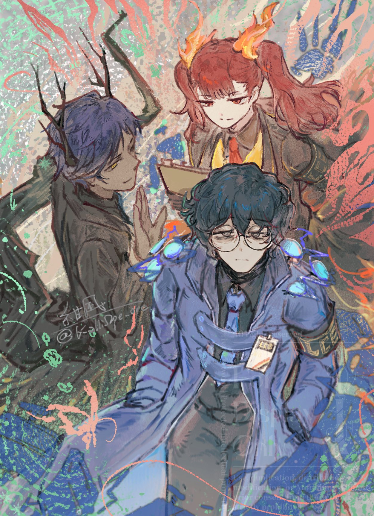 1girl, 2boys, aedd_(e.g.o), alyssa_(project_moon), ardor_blossom_star_(e.g.o), armband, bags_under_eyes, black_coat