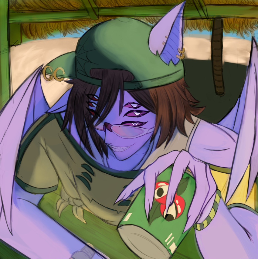 animal_ears, baseball_cap, bat_boy, blonde_streaks, brazil, brown_hair, colored_sclera, colored_skin, commentary, cropped_shirt, dante_will, dante_will_(bat), dante_will_(summer_2026), earrings, english_commentary, fingernails, from_side, guarana, hat, highres, indie_virtual_youtuber, jewelry, multicolor-tinted_eyewear, p3potlg, pierced_hat, sharp_fingernails, shirt, sunglasses, tinted_eyewear, virtual_youtuber, wings, wristwear, yellow_shirt