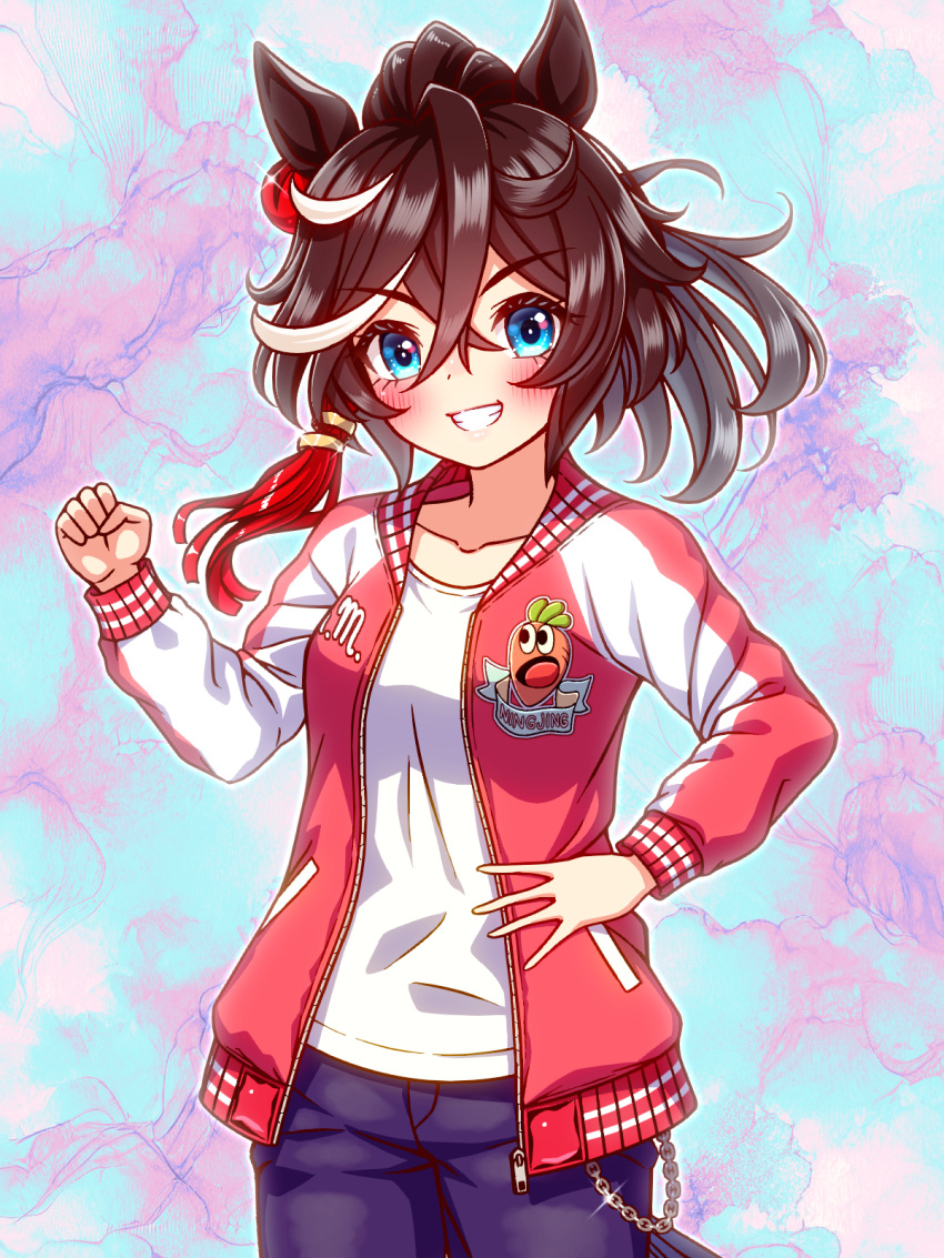 1girl, animal_ears, black_hair, blue_eyes, blue_pants, blush, breasts, clenched_hand