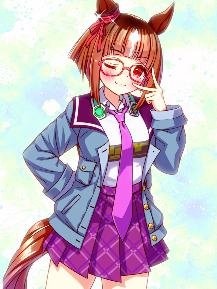 1girl, animal_ears, blue_jacket, blush, breasts, brown_hair, closed_mouth, collared_shirt