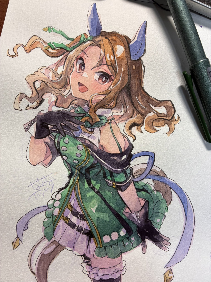 1girl, animal_ears, bare_shoulders, black_gloves, bow, brown_hair, commentary_request, dress