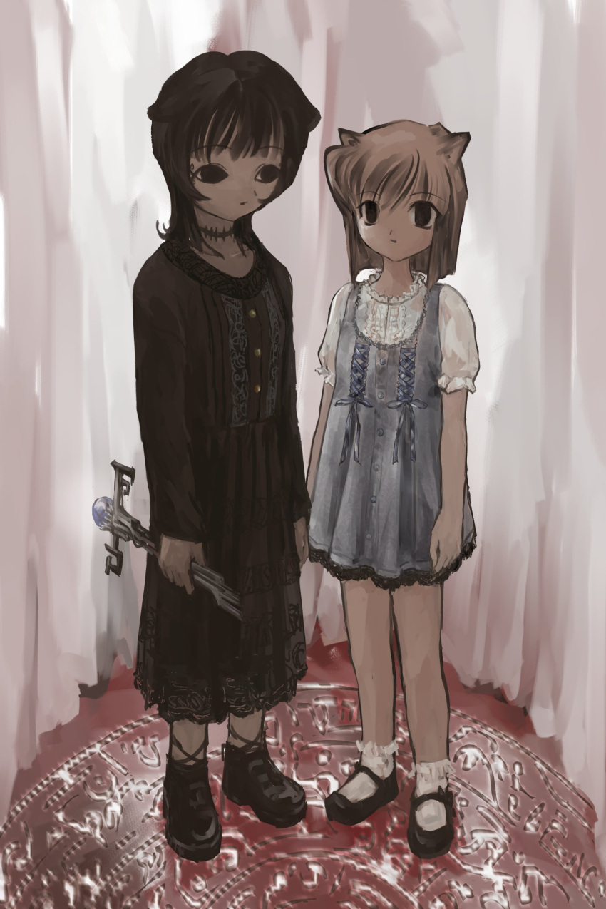 2fulun, 2girls, absurdres, animal_ears, black_dress, black_hair, blue_dress, brown_hair