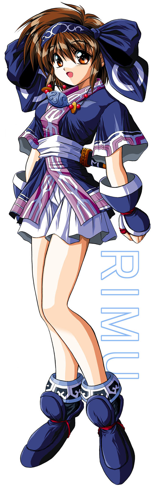 1girl, ainu_clothes, arm_guards, black_socks, blue_hairband, blue_shoes, brown_eyes, brown_hair