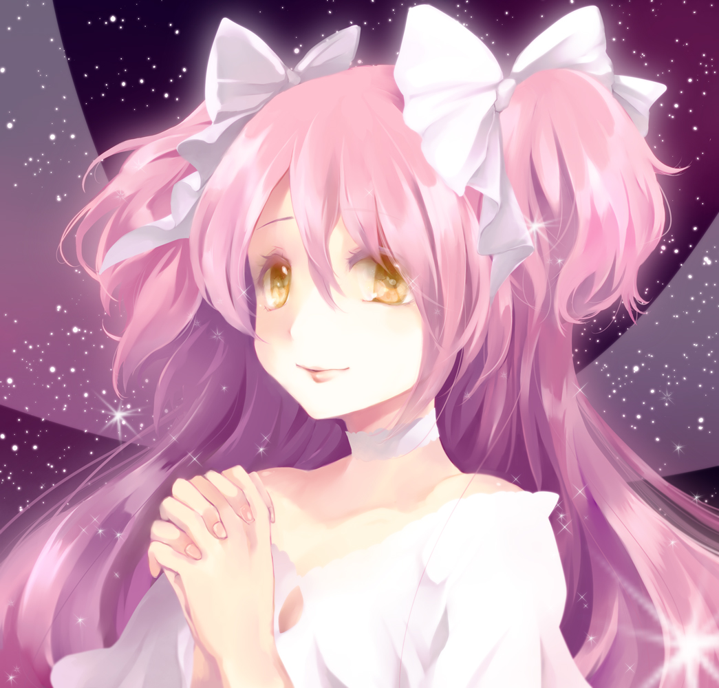alternate_hairstyle, bad_id, bow, choker, goddess_madoka, hair_bow, hands_clasped, ikamera