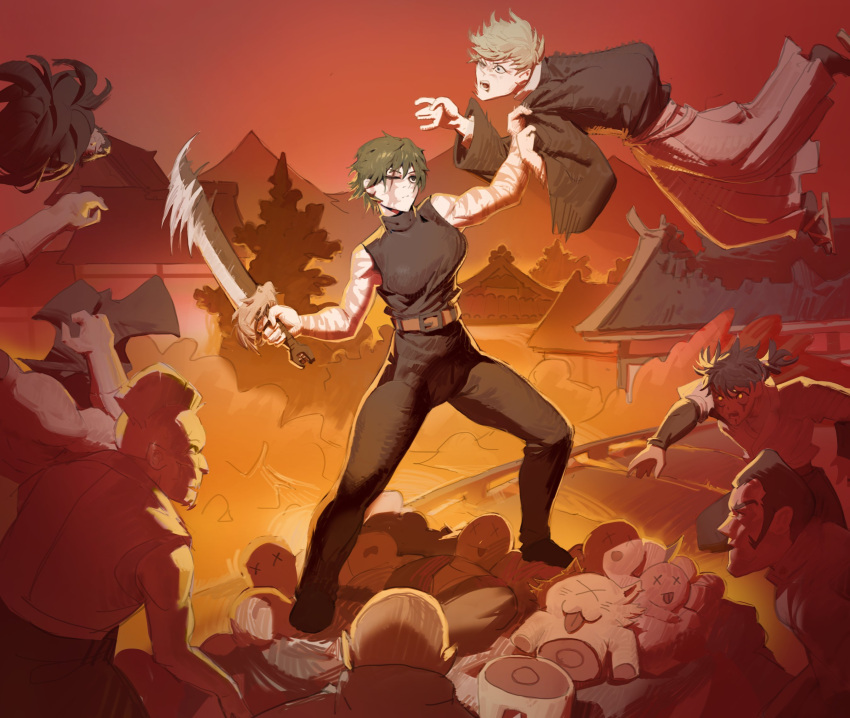 1girl, 6+boys, biceps, burn_scar, commentary, corpse, doom_(series), english_commentary