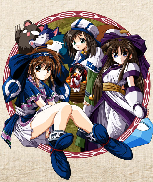 4girls, ainu_clothes, basket, bird, black_hair, black_socks, blue_eyes, blue_hairband