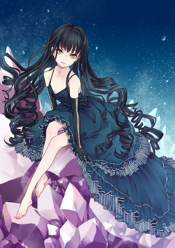 black_hair, dress, drill_hair, elbow_gloves, feet, gloves, green_eyes, leaning_forward