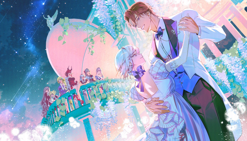 1boy, 6+girls, absurdres, alternate_costume, blonde_hair, breasts, cocktail_dress, dancing