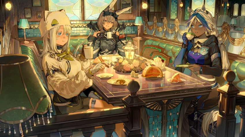 3girls, :t, animal_ear_headwear, animal_ears, arclight_(arknights), arknights, arknights:_endfield, avywenna_(arknights)