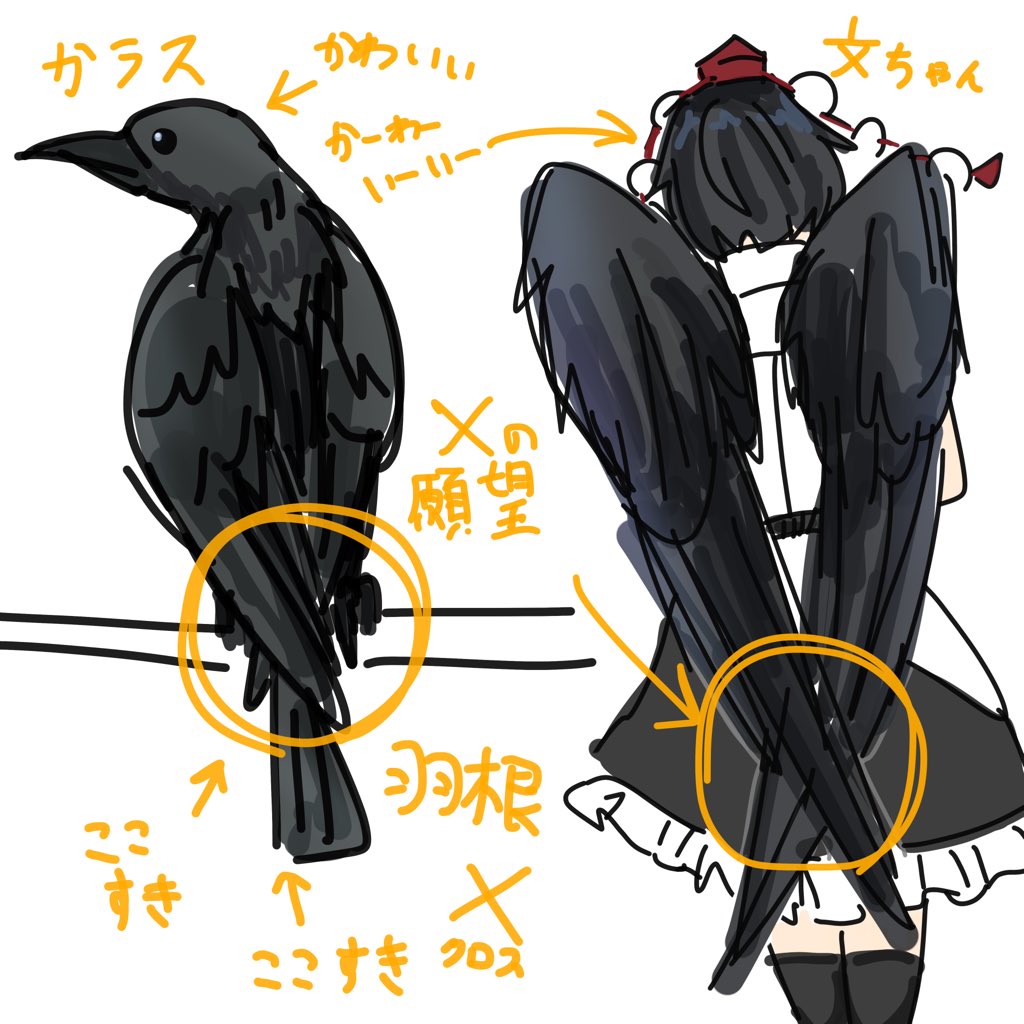1girl, bird, black_skirt, black_thighhighs, black_wings, commentary_request, crow, frilled_skirt, frills, from_behind, hat, konton_hakusai, pom_pom_(clothes), red_hat, shameimaru_aya, shirt, simple_background, sketch, skirt, thigh-highs, tokin_hat, touhou, translation_request, white_background, white_shirt, wings