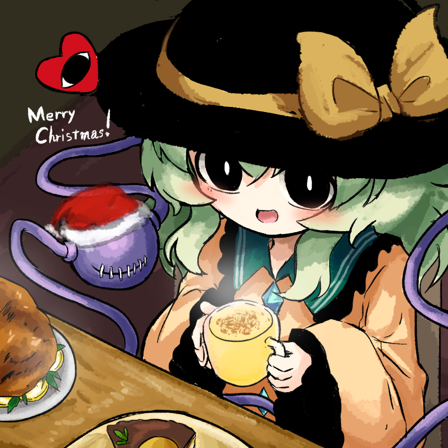1girl, alternate_language, black_eyes, black_hat, bow, buttons, cake, christmas