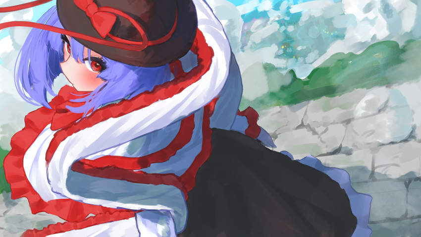 1girl, absurdres, black_hat, black_skirt, blush, bow, capelet, commentary