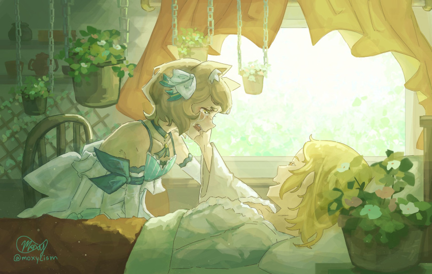 2boys, animal_ear_fluff, animal_ears, bare_shoulders, bed, blonde_hair, cat_ears, cat_girl