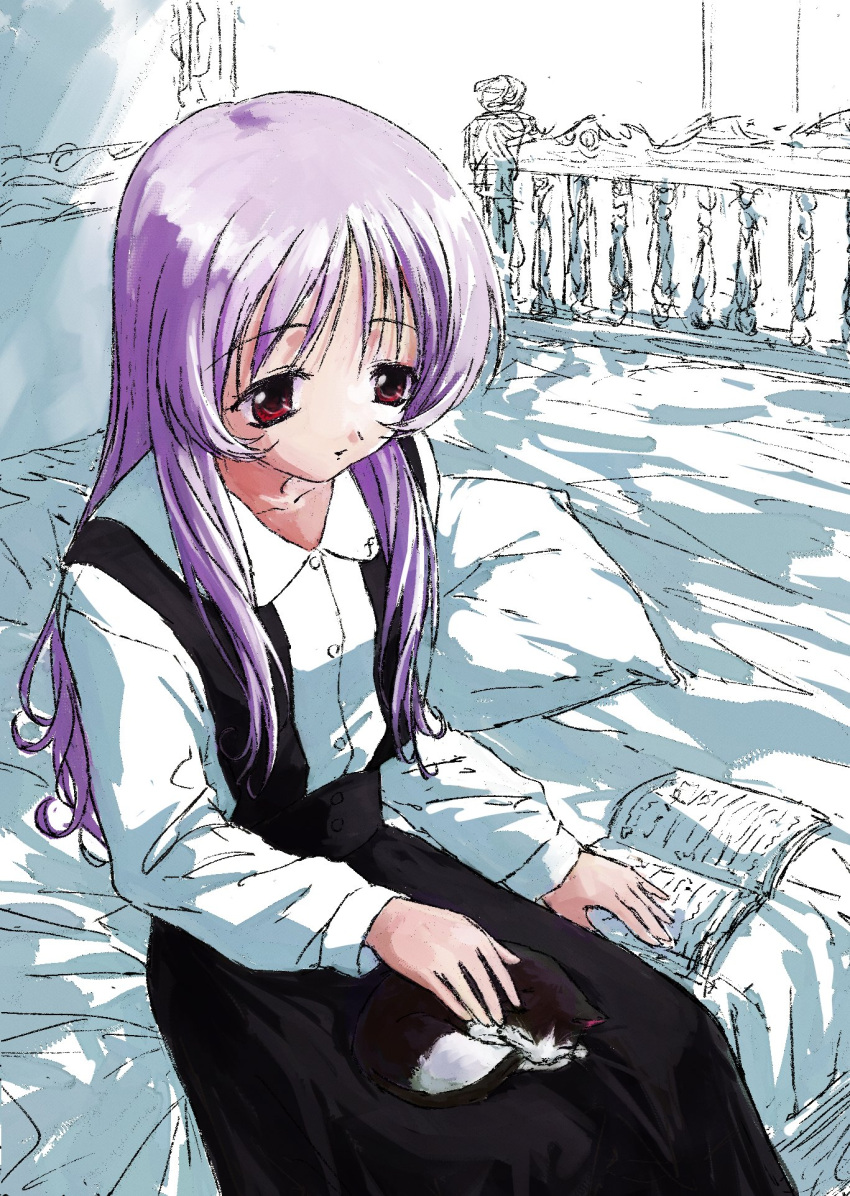 1girl, 2fulun, animal_on_lap, black_cat, black_skirt, cat, cat_on_lap, collared_shirt, commentary, english_commentary, faux_retro_artstyle, highres, himekawa_kotone, indoors, long_hair, long_sleeves, on_bed, on_lap, partially_colored, purple_hair, red_eyes, shirt, sitting, sketch, skirt, solo, to_heart, to_heart_(series), white_shirt